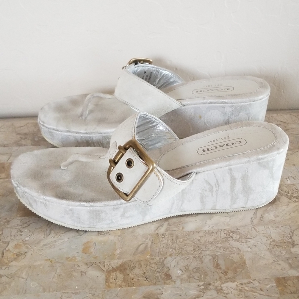 Coach Silver White Logo Wedged Sandal